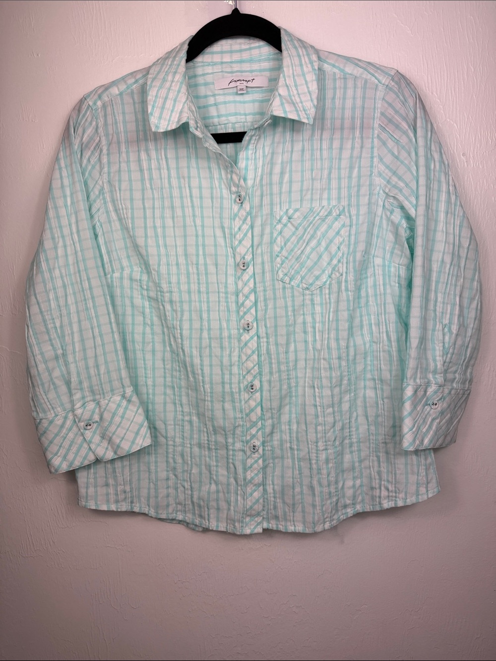 Foxcroft NYC Aqua Plaid Button Front Stretch Shirt 10P Petite 3/4 Sleeve Cotton - Picture 2 of 8